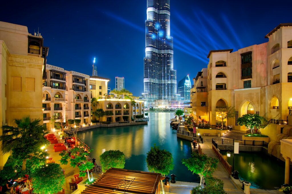 Beautiful downtown area in Dubai at night, Dubai, United Arab Emirates
